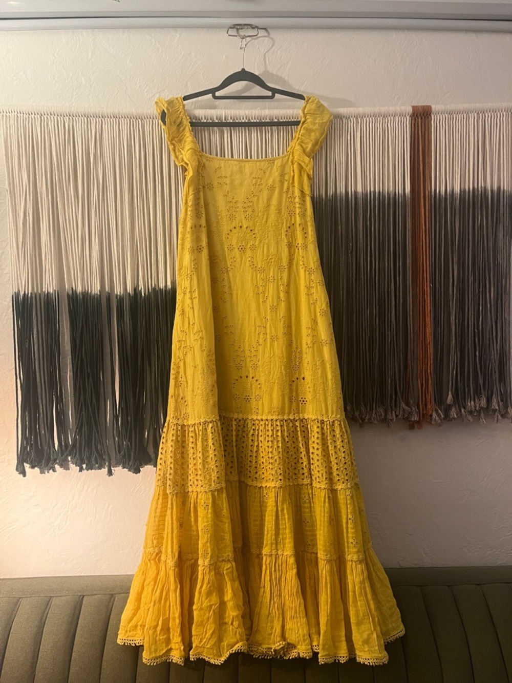 STUNNING Yellow tiered embroidered maxi dress